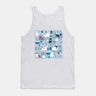 Veterinary medicine, happy and healthy friends // pastel blue background turquoise details navy blue white and brown cats dogs and other animals Tank Top